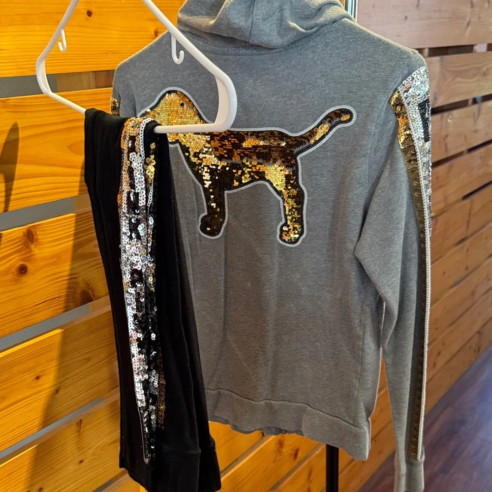 PINK Victoria's Secret Gray and Black Sequin Hoodie Set - Picture 3 of 4